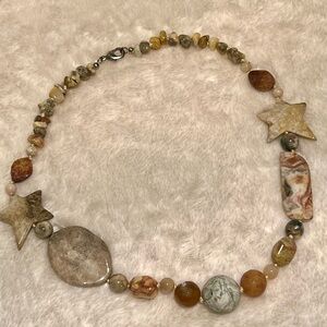 NWOT 🤎 VINTAGE 20” CHUNKY GENUINE JASPER STONE STARS & BEADS PENDANT NECKLACE
